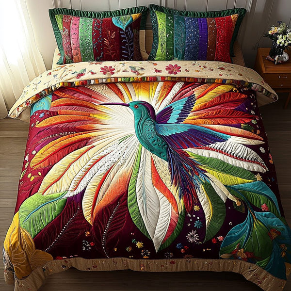 Rainbow Flight quilted 3-piece bedding set on a made bed with two matching pillow shams