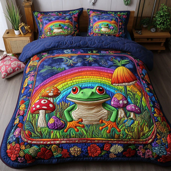 Rainbow Frog Dream quilted 3-piece bedding set on a made bed with two matching pillow shams