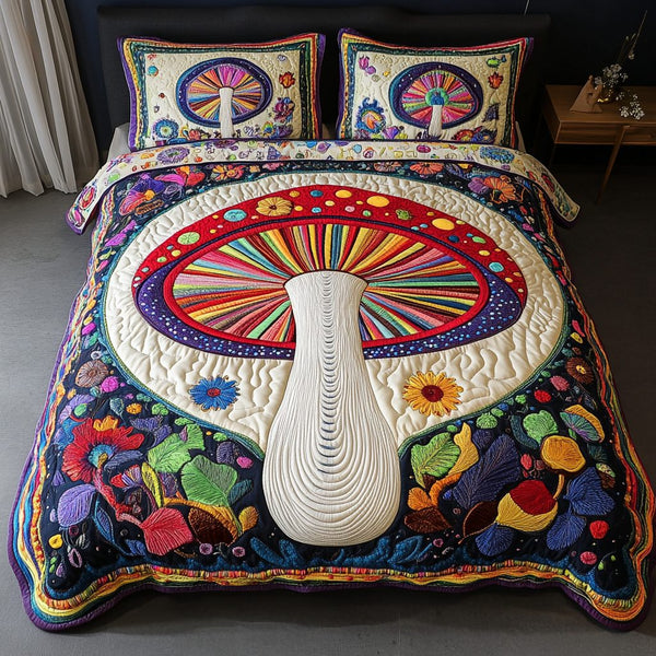 Rainbow Fungi quilted 3-piece bedding set on a made bed with two matching pillow shams