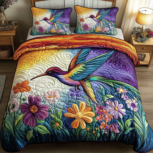 Rainbow Garden Delight quilted 3-piece bedding set on a made bed with two matching pillow shams