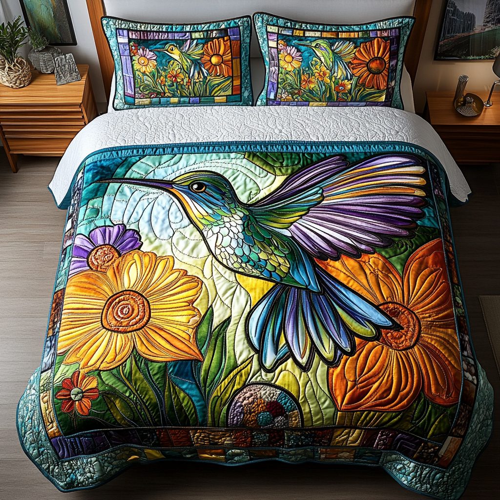 Rainbow Glider quilted 3-piece bedding set on a made bed with two matching pillow shams