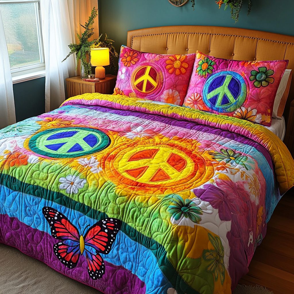 Rainbow Groove quilted 3-piece bedding set on a made bed with two matching pillow shams