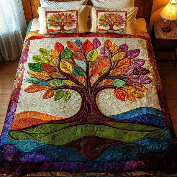 Rainbow Grove quilted 3-piece bedding set on a made bed with two matching pillow shams