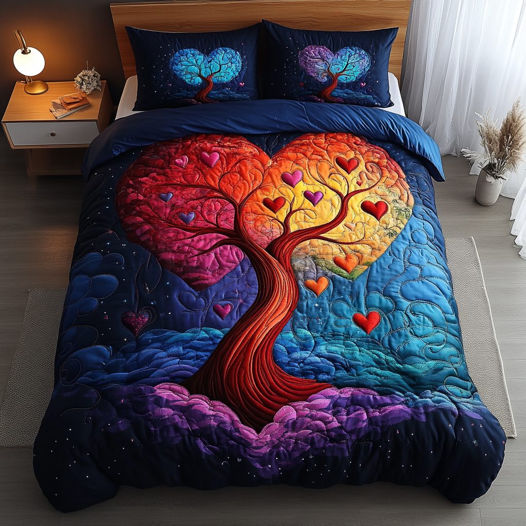 Rainbow Harmony quilted 3-piece bedding set on a made bed with two matching pillow shams