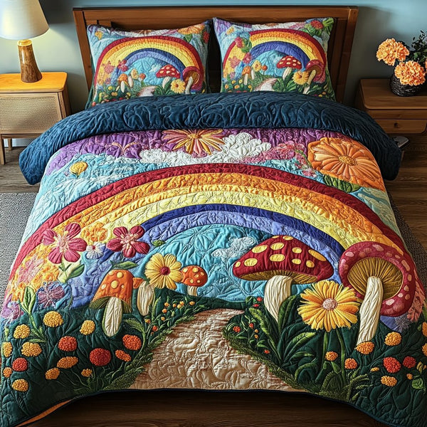 Rainbow Haven quilted 3-piece bedding set on a made bed with two matching pillow shams