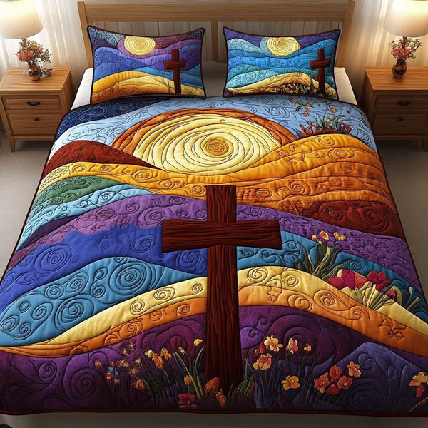 Rainbow Hills quilted 3-piece bedding set on a made bed with two matching pillow shams