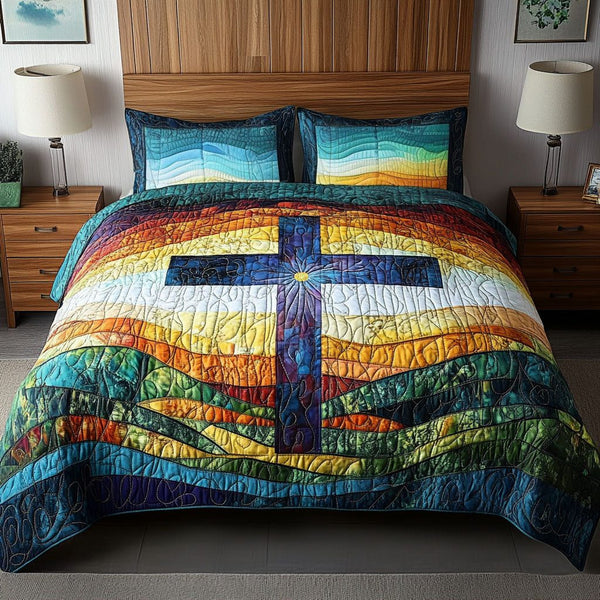 Rainbow Horizon Cross quilted 3-piece bedding set on a made bed in a softly lit bedroom