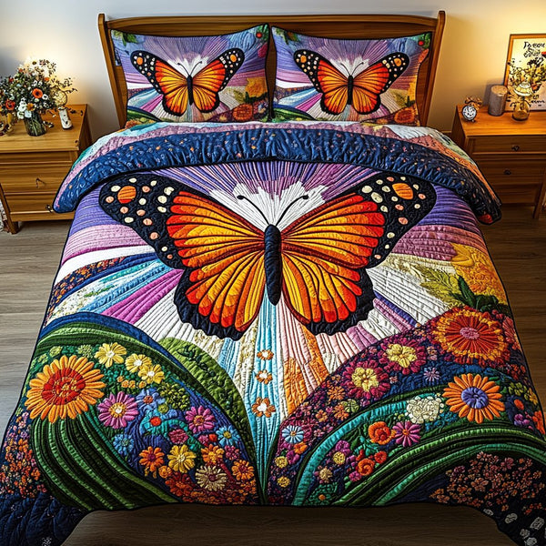 Rainbow Horizon quilted 3-piece bedding set on a made bed with two matching pillow shams