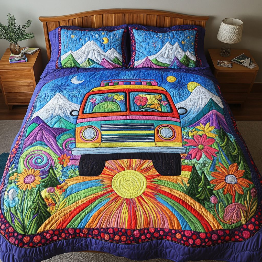 Rainbow Journey quilted 3-piece bedding set on a made bed with two matching pillow shams