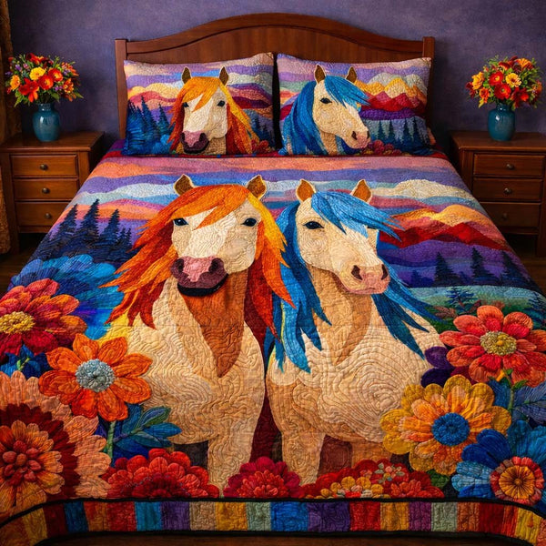 Rainbow Meadow Horses quilted 3-piece bedding set on a made bed in a rustic timber bedroom