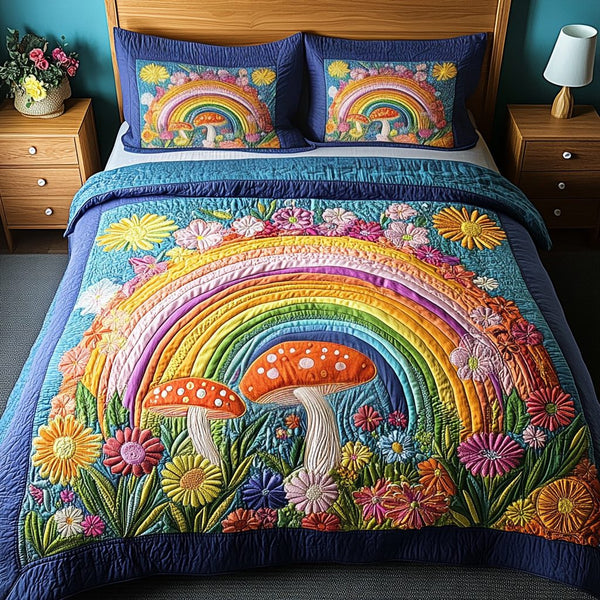 Rainbow Meadow quilted 3-piece bedding set on a made bed with two matching pillow shams