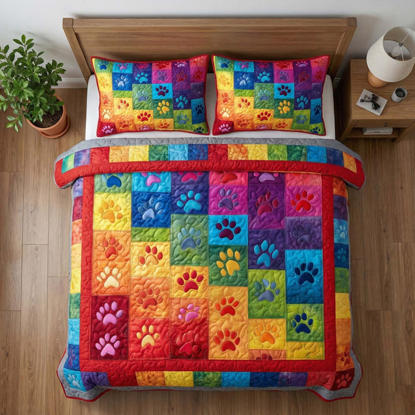 Rainbow Paws quilted 3-piece bedding set on a made bed with two matching pillow shams