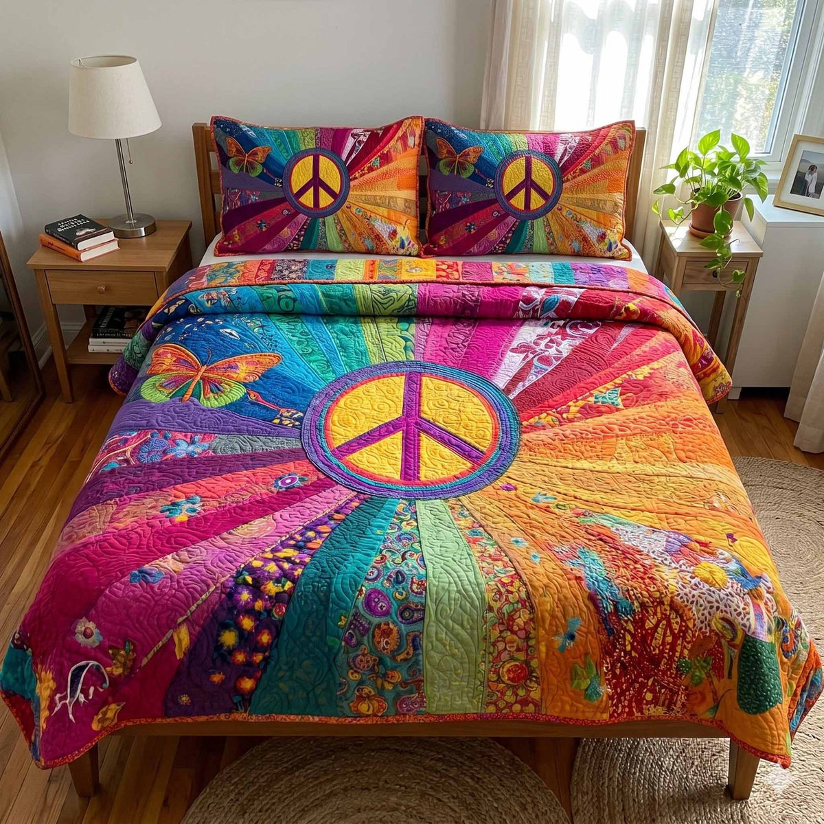Rainbow Peace Garden quilted 3-piece bedding set on a made bed with two matching pillow shams