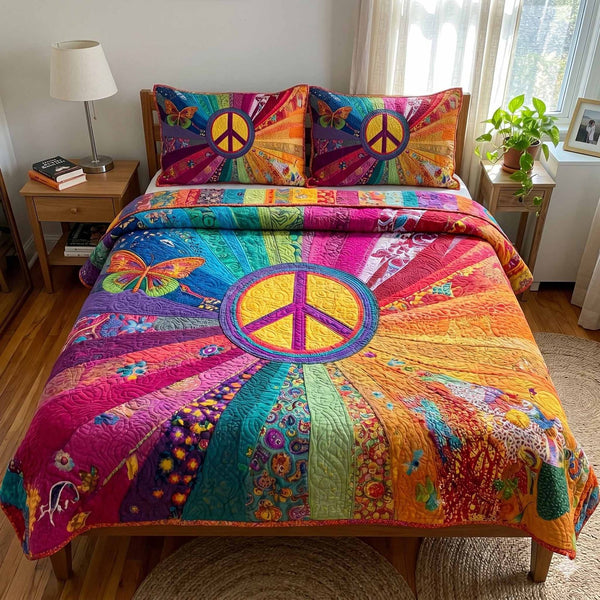 Rainbow Peace Garden quilted 3-piece bedding set on a made bed with two matching pillow shams