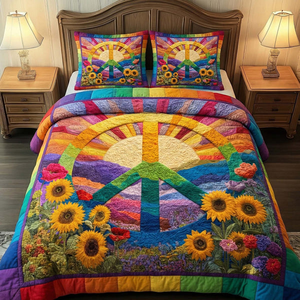 Rainbow Peace quilted 3-piece bedding set on a made bed with two matching pillow shams