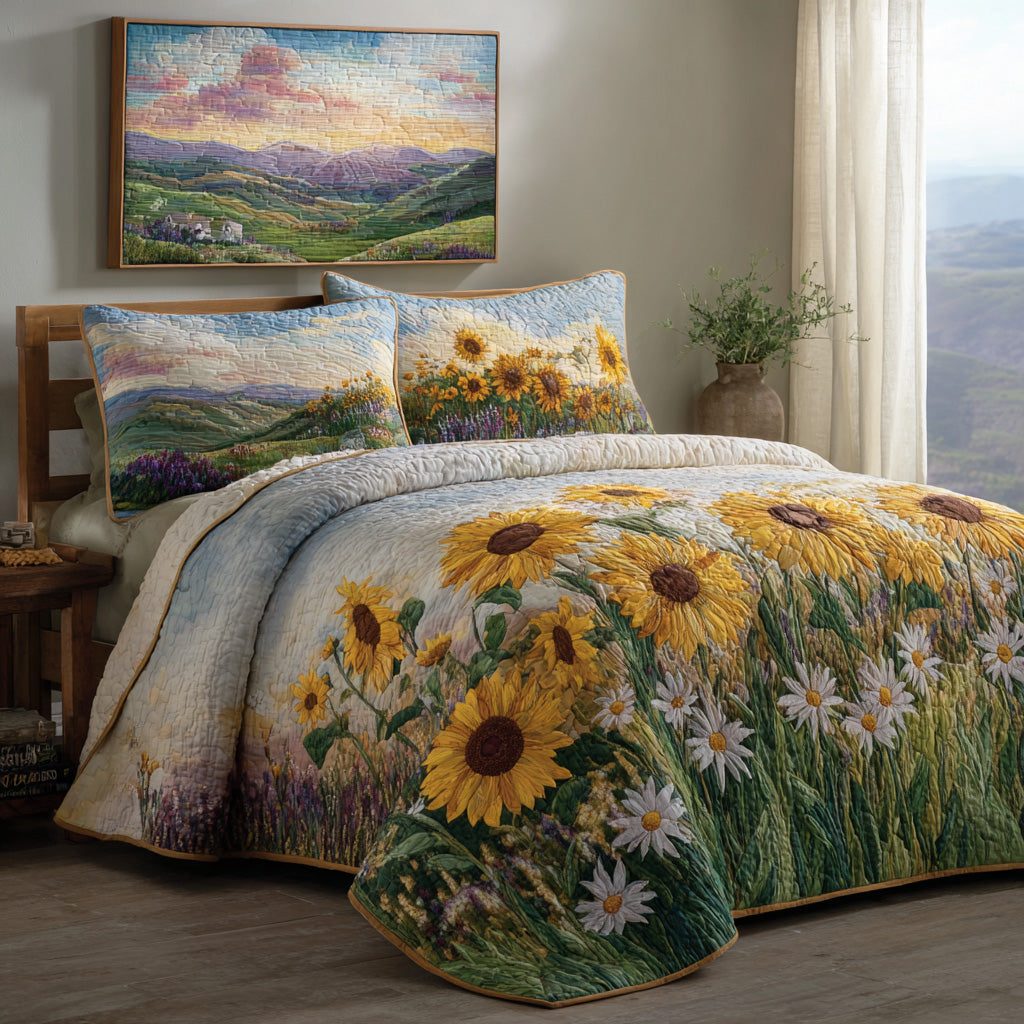 Rainbow Peaks quilted 3-piece bedding set on a made bed with two matching pillow shams
