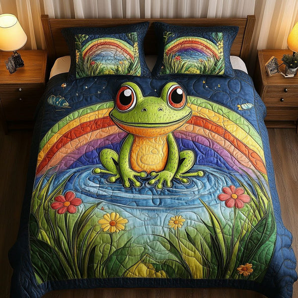 Rainbow Pond quilted 3-piece bedding set on a made bed with two matching pillow shams