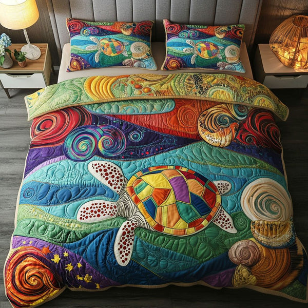 Rainbow Reef quilted 3-piece bedding set on a made bed in a light coastal bedroom