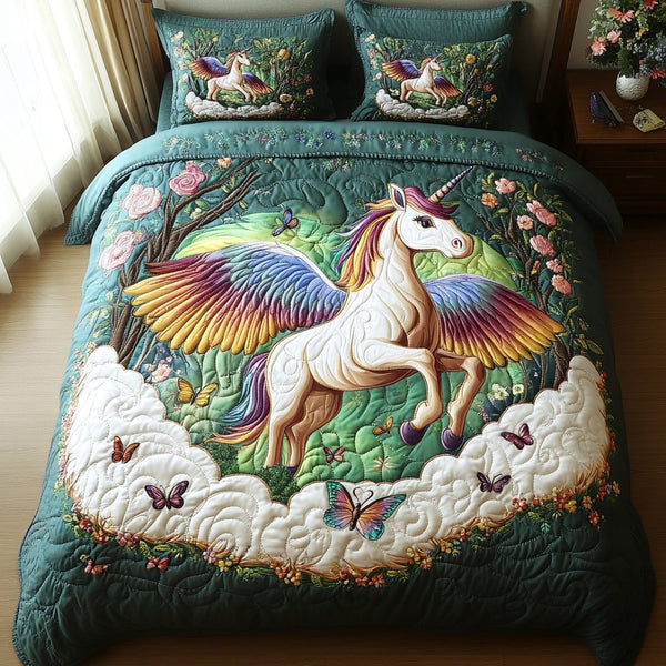 Rainbow Reverie quilted 3-piece bedding set on a made bed with two matching pillow shams