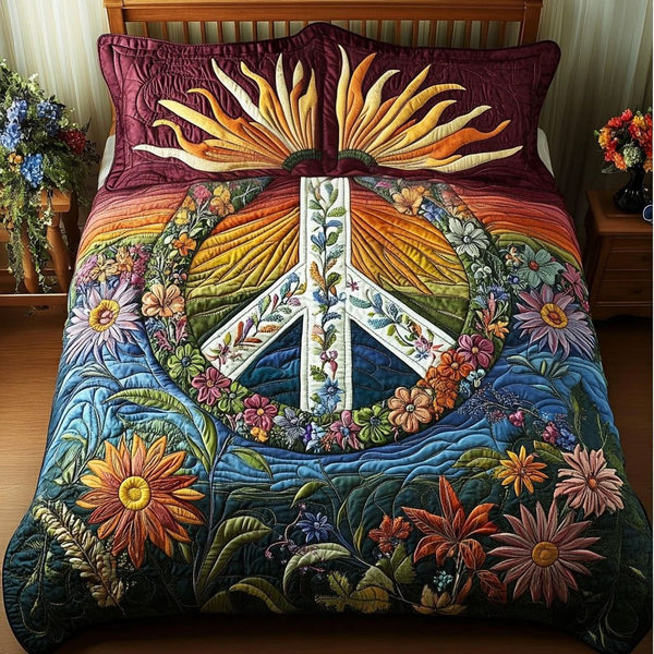 Rainbow Revolution quilted 3-piece bedding set on a made bed with two matching pillow shams
