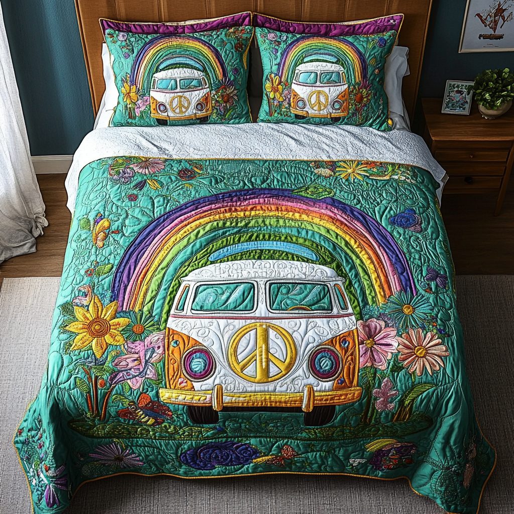 Rainbow Ride quilted 3-piece bedding set on a made bed with two matching pillow shams