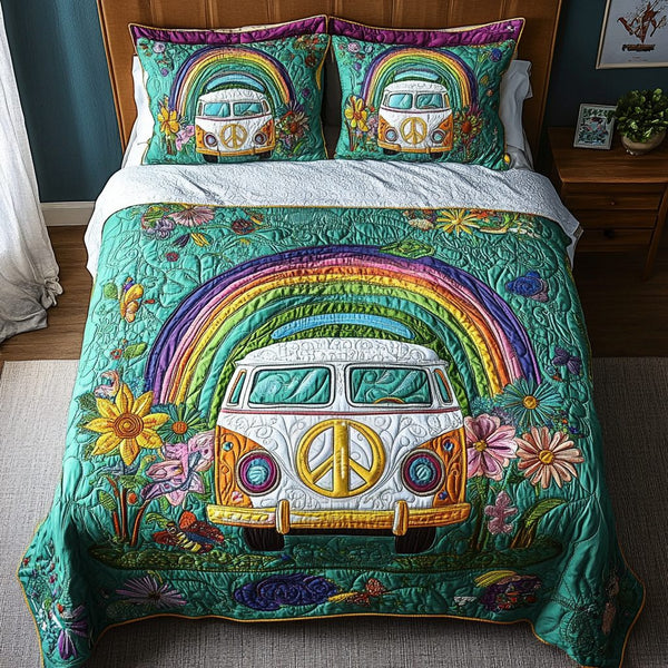 Rainbow Ride quilted 3-piece bedding set on a made bed with two matching pillow shams