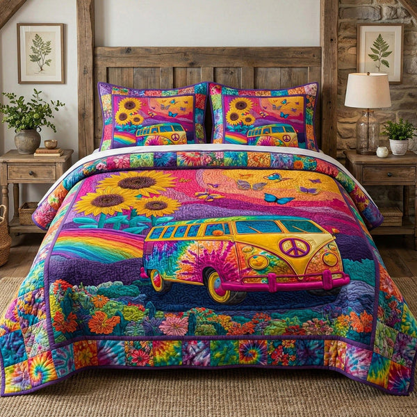 Rainbow Road quilted 3-piece bedding set on a made bed with two matching pillow shams