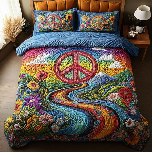 Rainbow Road to Serenity quilted 3-piece bedding set on a made bed with two matching pillow shams