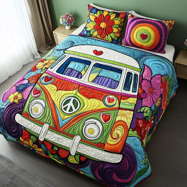Rainbow Road Trip quilted 3-piece bedding set on a made bed with two matching pillow shams