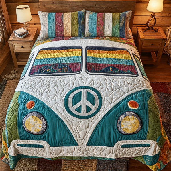 Rainbow Road Van quilted 3-piece bedding set on a made bed with two matching pillow shams