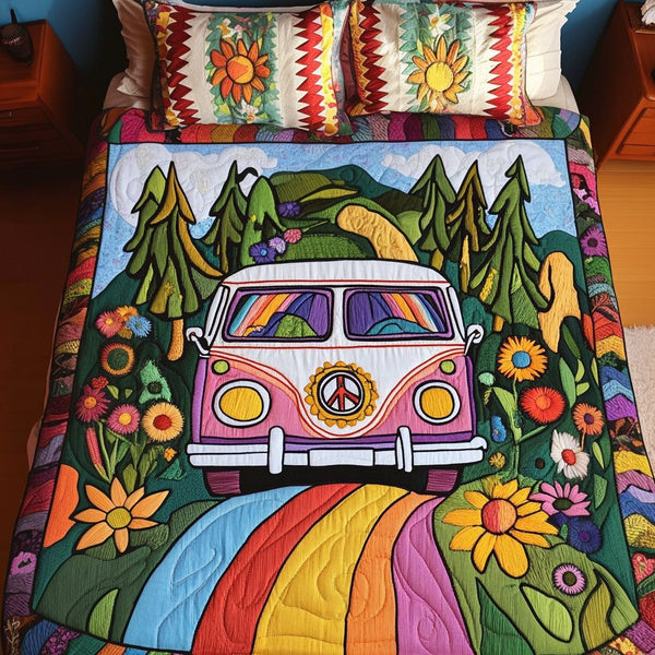 Rainbow Roadtrip quilted 3-piece bedding set on a made bed with two matching pillow shams