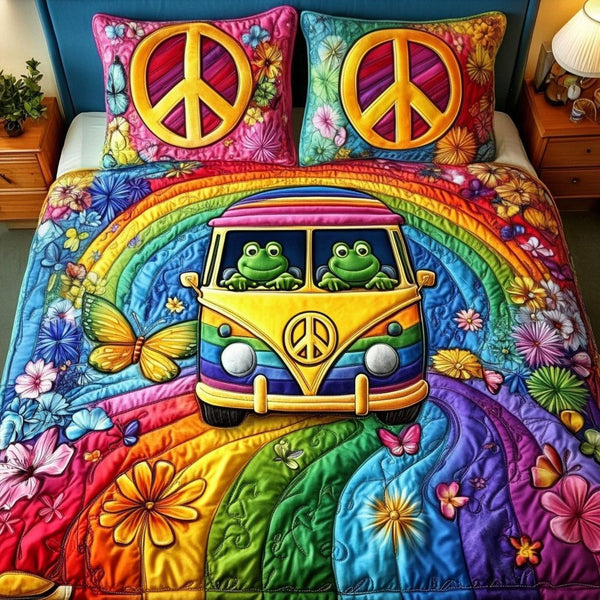 Rainbow Roadtrip quilted 3-piece bedding set on a made bed with two matching pillow shams