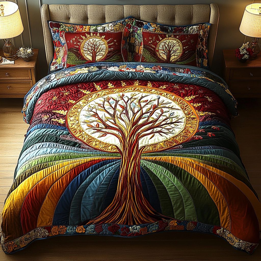 Rainbow Serenity quilted 3-piece bedding set on a made bed with two matching pillow shams