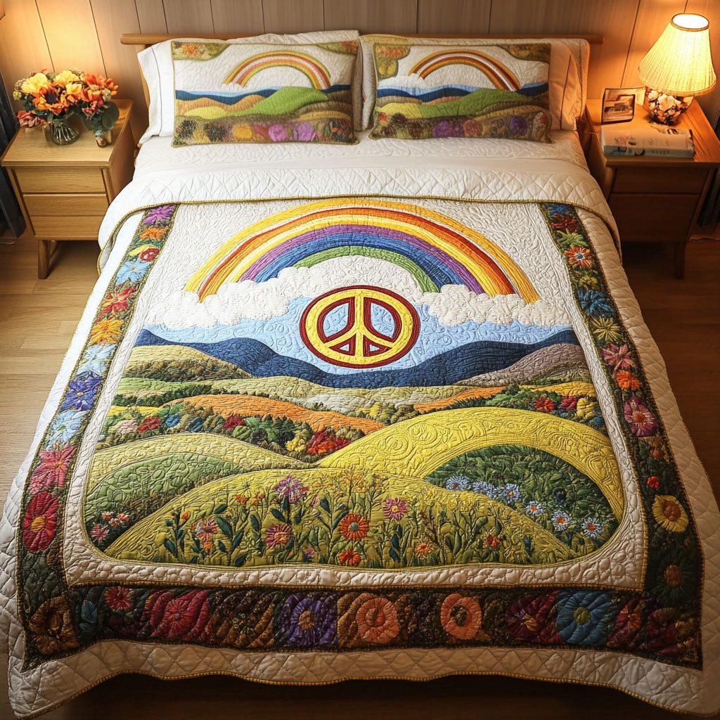 Rainbow Serenity quilted 3-piece bedding set on a made bed with two matching pillow shams