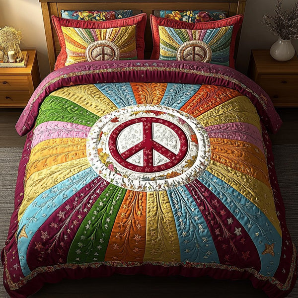 Rainbow Serenity quilted 3-piece bedding set on a made bed with two matching pillow shams