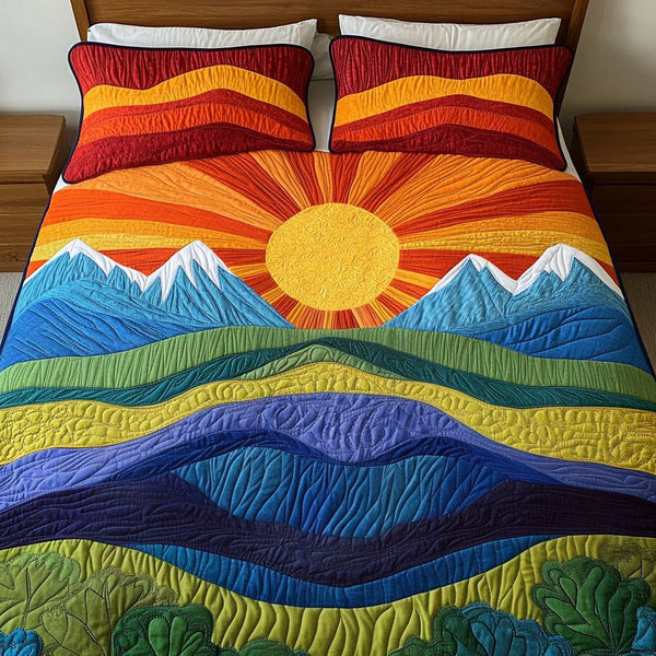 Rainbow Solstice quilted 3-piece bedding set on a made bed with two matching pillow shams
