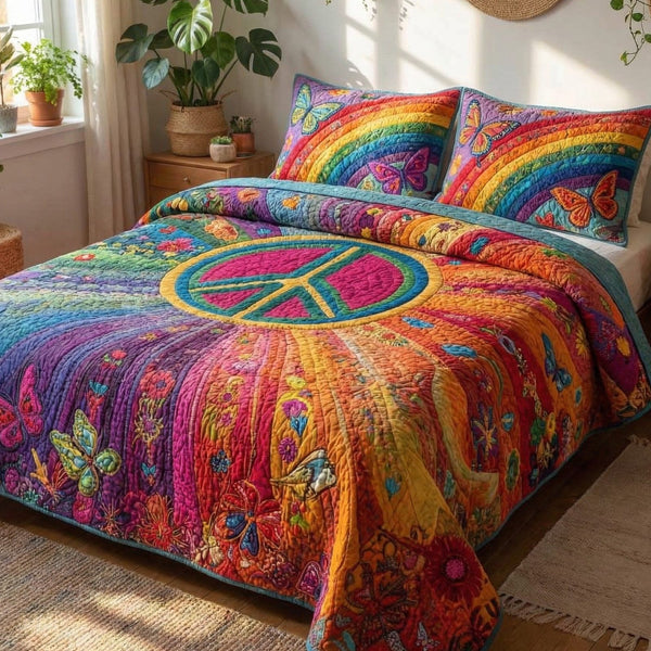 Rainbow Spirit quilted 3-piece bedding set on a made bed with two matching pillow shams