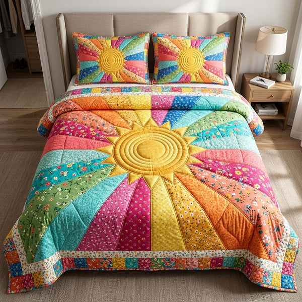 Rainbow Sun quilted 3-piece bedding set on a made bed with two matching pillow shams