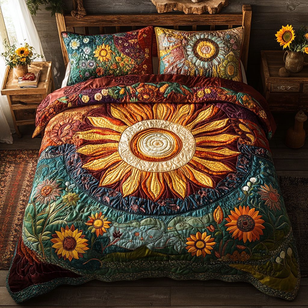 Rainbow Sun quilted 3-piece bedding set on a made bed with two matching pillow shams