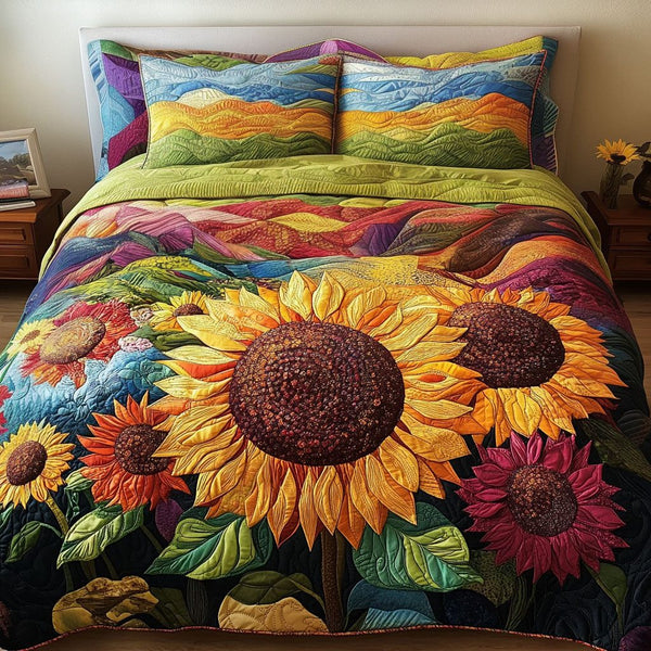 Rainbow Sunflower quilted 3-piece bedding set on a made bed with two matching pillow shams