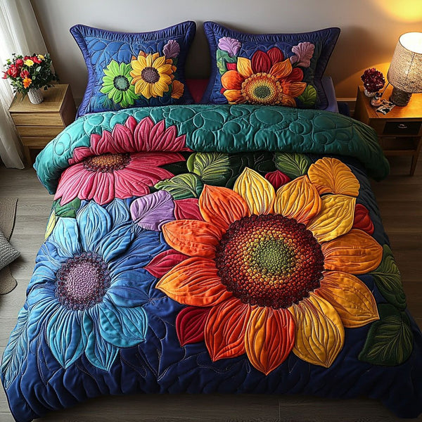Rainbow Sunflower quilted 3-piece bedding set on a made bed with two matching pillow shams