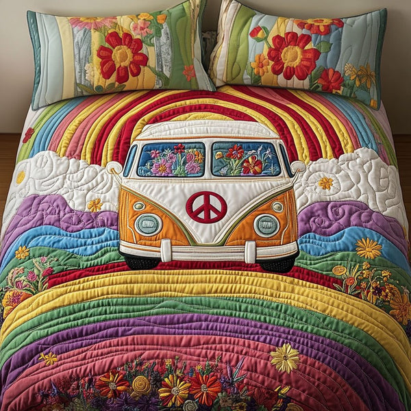 Rainbow Sunset Van quilted 3-piece bedding set on a made bed with two matching pillow shams