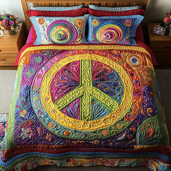 Rainbow Tranquility quilted 3-piece bedding set on a made bed with two matching pillow shams