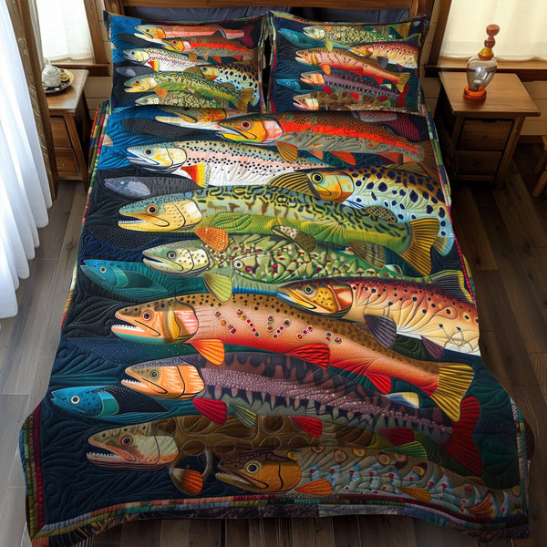 Rainbow Trout Fantasy quilted 3-piece bedding set on a made bed with two matching pillow shams