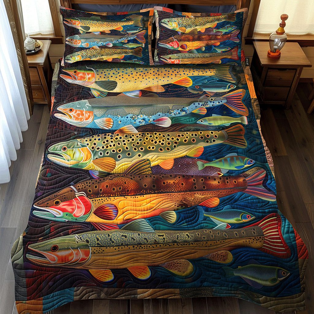 Rainbow Trout River quilted 3-piece bedding set on a made bed with two matching pillow shams