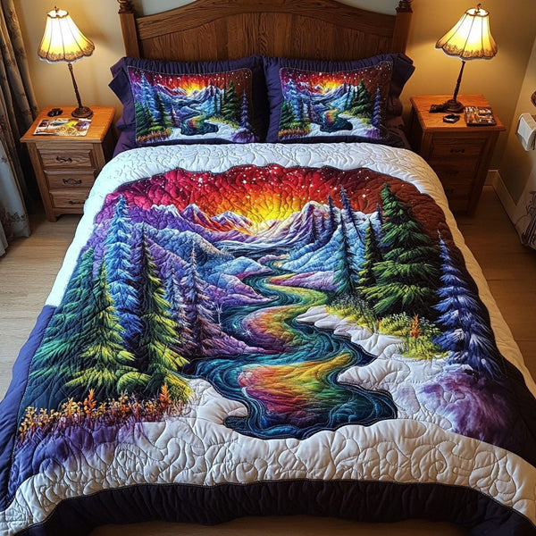 Rainbow Valley quilted 3-piece bedding set on a made bed with two matching pillow shams