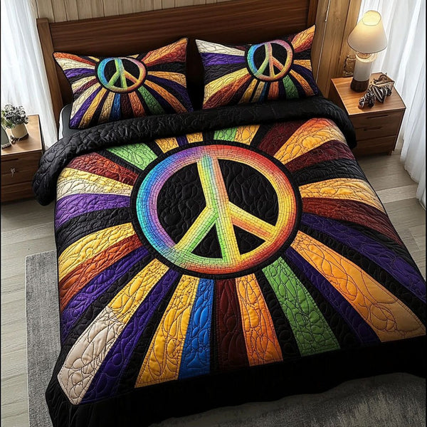 Rainbow Vibes quilted 3-piece bedding set on a made bed with two matching pillow shams