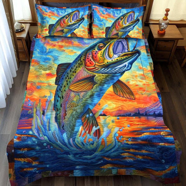 Rainbow Victory quilted 3-piece bedding set on a made bed with two matching pillow shams