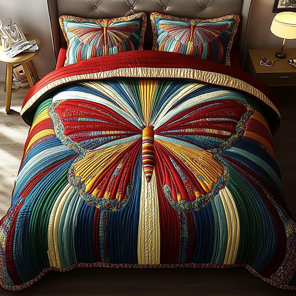 Rainbow Wings quilted 3-piece bedding set on a made bed with two matching pillow shams