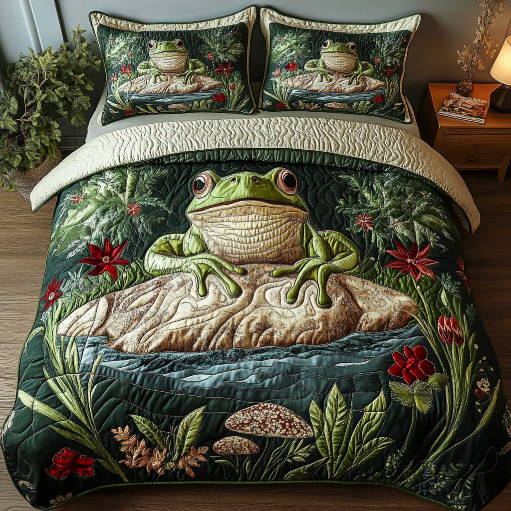 Rainforest Charm quilted 3-piece bedding set on a made bed with two matching pillow shams